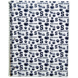 white spiral bound notebook with assorted navy Penn State logos all over